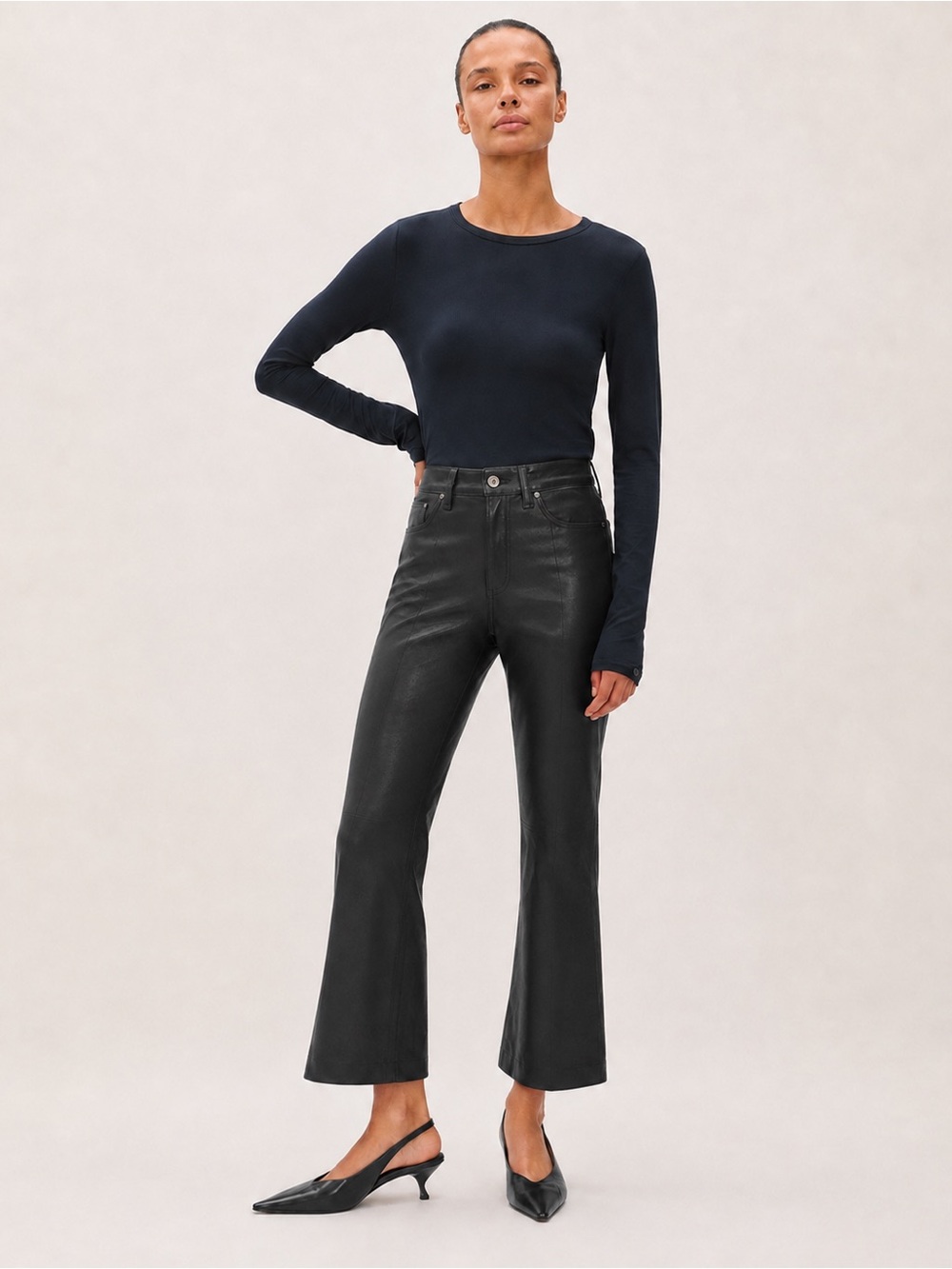 Rag & Bone Shea Black Lamb Leather Kick Flare Cropped Pants Size 27